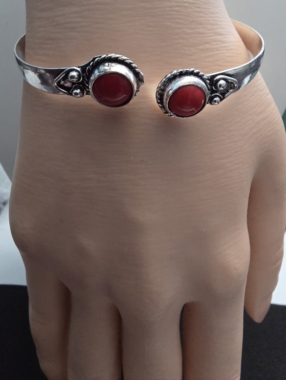 Silver Tone Red Cabochon Cuff Bracelet